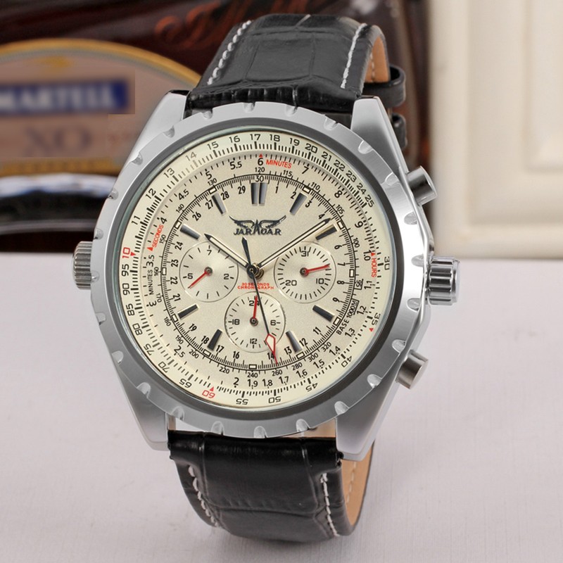 Men's Automatic Mechanical Watch with Leather Strap Fashion Wristwatch Calendar
