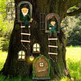 Czlotyh 7 Pcs Fairy Garden Accessories Tree Hugger Gnome Statue Fairy Door Window Set Dwarf Elf Landscape Figurine Out The Door Resin Sculpture Hanging Tree Faces Decor for Trees Outdoor Decor