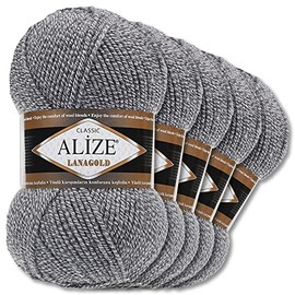 Alize 5 x 100 g Lanagold Wool | 53 Selection | Knitting Crochet Wool (651 | Grey-Beige)