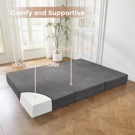 BYBYME Corduroy Tri-Folding Mattress, 6 Inch Gel Folding Mattress Topper, Foldable Soft Guest Bed Camping Pad, Washable Cover (Dark Gray, Full)