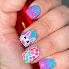 24Pcs Easter Press on Nails Short Square Fake Nails Colorful Glitter Gradient Acrylic Nails Cartoon Bunny False Nails Spring Flower Glue on Nails Big Eyed Rabbit Artificial Nails for Women Manicure