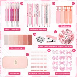 Eersida 58 Pcs Coquette Aesthetic School Office Supplies Christmas Gifts with Large Pencil Pouch Ink Gel Pens Highlighters Pink Bow Sticky Notes Color Pens Stapler Set for Student Stationary