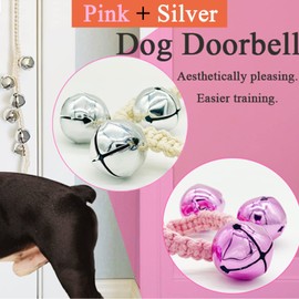 DORUI Dog Bell for Door Potty Training 2 Pack| Extra Loud Dog Hanging Doorbell Bells| Adjustable Durable Braided Rope Door Bell for Dogs to Ring to Go Outside(Silver+Pink)