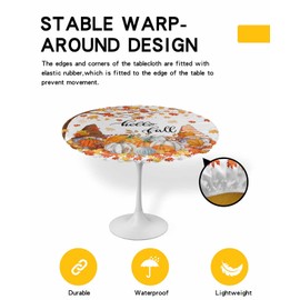 Fall Pumpkin Elastic Round Tablecloth, Cute Gnome Pumpkin Maple Leaves Thanksgiving Fitted Tablecloths for Round Table Oil-Proof Waterproof Fall Harvest Table Cloth (Fit for 36" - 44" Round Table)