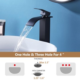 Fransiton Tall Vessel Sink Faucet Matte Black Faucet for Bathroom Sink Tall Waterfall Bathroom Faucet Single Handle 1 or 3 Hole Wash Basin Sink Faucet with Pop-up Drain