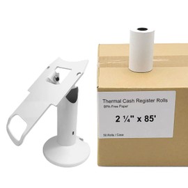 Discount Credit Card Supply Clover Mini/Clover Mini 3 7" Swivel and Tilt Terminal Stand and Thermal Paper 2 1/4" x 85' (50 Rolls) Bundle, White