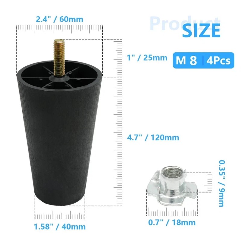 Braned 4Pcs 5 inch Sofa Legs Round Tapered Plastic Couch
