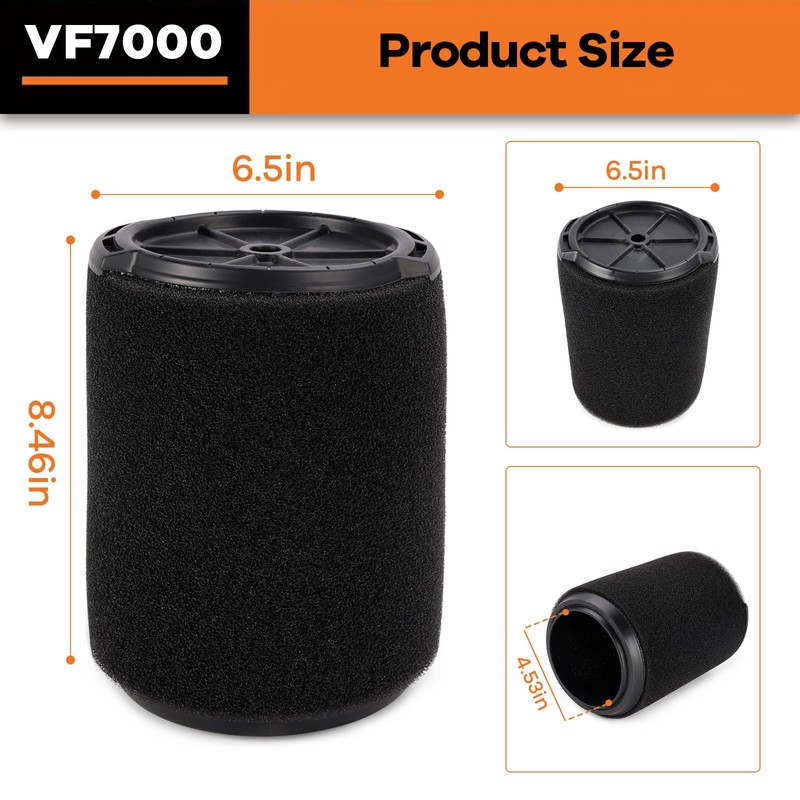 2 Pack VF7000 Replacement Filter, Standard Wet/Dry Vac Filter VF7000