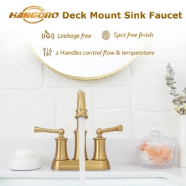 Brushed Gold 4 inch Centerset Bathroom Faucet, 2 Handle Bathroom Faucet 3 Hole, Antique Brass Bathroom Faucet with Pop Up Drain Supply Hose for Vanity Lavatory RV Farmhouse(L2303-BG)