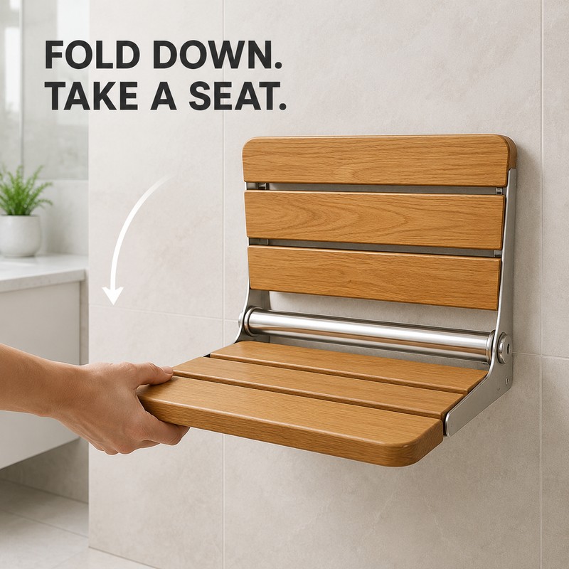 Wall-Mounted Folding Solid Wood Shower Seat with 304 Stainless Steel