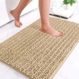 OLANLY Luxury Chenille Bath Mat, Extra Soft Thick Absorbent Shaggy Bathroom mat, Non-Slip Machine Wash Dry Plush Bath Mats for Bathroom, Shower, and Tub (24"x16", Beige)