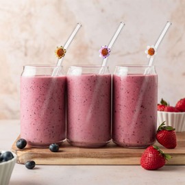 Reusable Glass Straws 6 Colorful Sunflower Bent High Borosilicate Drinking Straws with Cleaning Brushes,Thick Heat-Resistant Floral Design for Tumblers, Smoothies, Gift Wrapped (8" x 0.3")