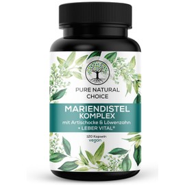 PURE NATURAL CHOICE Mariendistel Komplex — mit LEBER Vital® Formel - TÜV geprüft, 8-Fach Formel mit Artischocke, Löwenzahn - 80% Silymarin -120 Kapseln - Hochdosiert, in Deutschland hergestellt