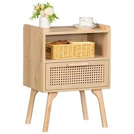 Lerliuo Rattan Nightstand, Boho Side Table with Drawer Open Shelf, Cane Accent Bedside End Table with Solid Wood Legs for Bedroom, Dorm and Small Spaces (Natural)