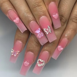 RIICFDD 24 Pcs Press on Nails - Long Square Gradient Pink Fake Nails with Cute Bear, Butterfly & Rhinestone Charm Designs - Glossy False Nails for Women