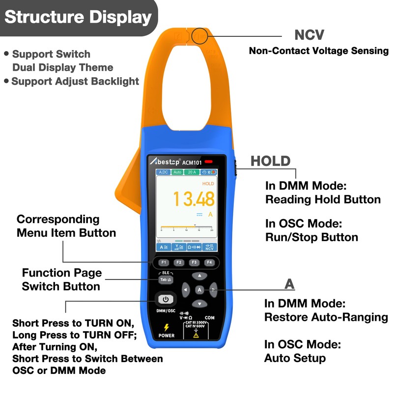 Abestop 1000A AC/DC Clamp Current Meter 1000A 1000V Portable Current
