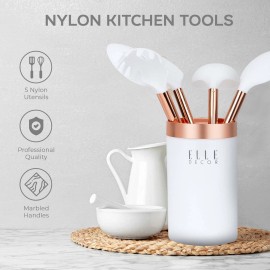 Kitchen Elle Decor 6-Piece Nylon Silicone Kitchen Utensil Set with Holder Marbled Handle