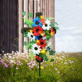 YULETIME Red White & Blue Garden Cross Stake, Solar Powered with Fairy Lights, Metal Cross, Natural Rattan, Red White & Blue Daisies Patriotic Theme Decoration