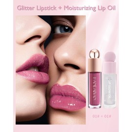 Glitter Liquid Lipstick Long Lasting, Shimmer Diamond Shiny Lip Gloss with Hydrating Lip Glow Oil, Sparkly Glossy High Pigment Waterproof Red Matte Lipstick, Bold Glimmer Lip Tint Women Makeup - 01+01