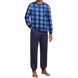 Ekouaer Pajamas for Men Long Pyjamas Set Mens Classic Style Pyjamas Lounge Set Sleepwear Pjs Gifts for Him, Blue Check + Navy Blue, XXL