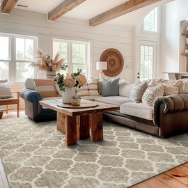 EVERGRACE Area Rugs for Living Room 9x12, Boho Trellis Faux Wool Indoor Outdoor Rugs, Washable Rugs for Bedroom Dining Room Entryway Kitchen, Low Pile Floor Mat Carpet for Home Decor, Taupe Brown