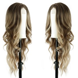 Long Ombre Blonde Wavy Wig for Women 26 Inch Middle Part Lace Hairline Curly Wavy Wig Natural Looking Synthetic Heat Resistant Fiber for Daily Party Use(R2/10/613, 26inch)