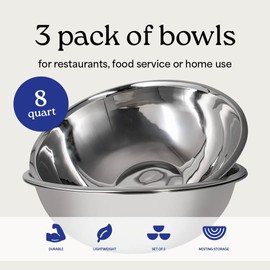 WHYSKO® Large Mixing Bowls, Set of 3 Stainless Steel 8 Quart Bowls for Restaurants, Food Service, Caterers and Home Kitchen Use, Rust Proof Bowls Great for Meal Prep, Baking, Serving, Food Storage