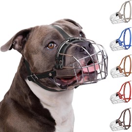 BRONZEDOG Pitbull Dog Muzzle Breathable Metal Basket for Large Dogs Amstaff Staffordshire Terrier Biting Chewing Barking (Leather, Black)