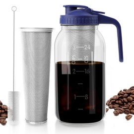 Cold Brew Coffee Maker with Pour Spout Handle Lid, 64oz Cold Brew Pitcher with Stainless Steel Filter, Heavy Duty Glass Mason Jar Cold Brew Maker for Coffee, Iced Tea, Sun Tea, Lemonade-Blue Lid