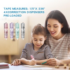 Refillable Retractable White Out Correction Tape, 4PCS Correction Dispensers Pre-Loaded, Cute Pull-Out Pen-Shaped Applicator, Anti-Break Tape for Office Supplies (Transparent, Green, Pink, Purple)