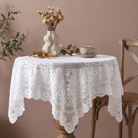 Elegant Floral Lace Tablecloth, 35''×35'' Crochet Small Square Tablecloth, Vintage White Lace Table Cloth for Tea Party Reception Dinner Home Decor, Embroidered Side Table Cover for Dining, Coffee