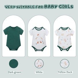 LAT Unisex Baby Short Sleeve Bodysuit,3 Pcs Infant Girls Boys One-Piece Play&Sleep For Newborn,100% Organic Cotton(Yellow Duck+Green,0-3 Months)