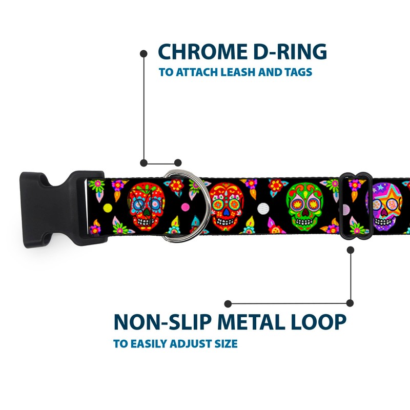 Buckle-Down Plastic Clip Collar - Colorful Calaveras Black/Multi Color -