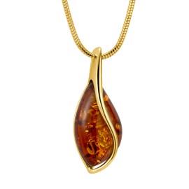 Adjustable Necklace With Natural Amber Pendant And Gold-Plated Silver Chain