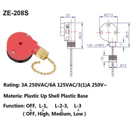 ZE-208s Ceiling Fan Switch, 3 Speed 4 Wire E89885 Pull Chain Switch Appliances Speed Control Ceiling Fan Replacement Part (Brass Chain)
