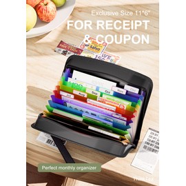 ThinkTex Receipt Coupon Organizer, 12 Pockets Small Accordian File Organizer, Junior Size 11x 6.6 Inches, Zipper Closure, Multi-Color Tabs