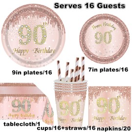 90th Birthday Party Supplies-Complete Pack 90th Birthday Party Tableware Set Rose Gold 90th Birthday Party Plates Cups Napkins Straws Tablecloth Serves 16 for 90th Birthday Party Decorations