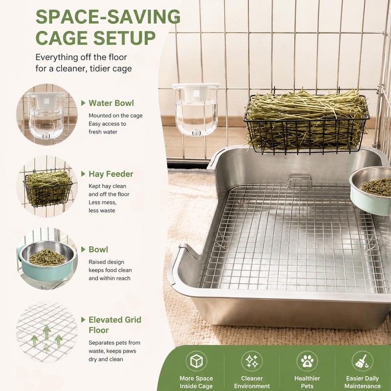 Volope Stainless Steel Rabbit Litter Box with Hay Feeder Set
