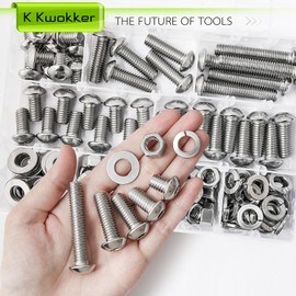 K Kwokker 160Pcs 3/8-16 Bolt and Nuts w/Washers for Screws, Hex Socket Button Head Screws 1/2", 3/4", 1", 1-1/4", 2", 304 Stainless Steel, Silver, Full Thread, 3/8 16 Screw for Furniture, Bike, Auto