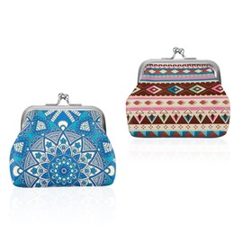 FuninCrea Pack of 2 Mini Pouches with Kiss Lock, PU Leather Coin Purses Bohemian Style Coin Purse, Double Closure, Small Pocket, Mini Purse for Coins, Keys, multicoloured, Style 2
