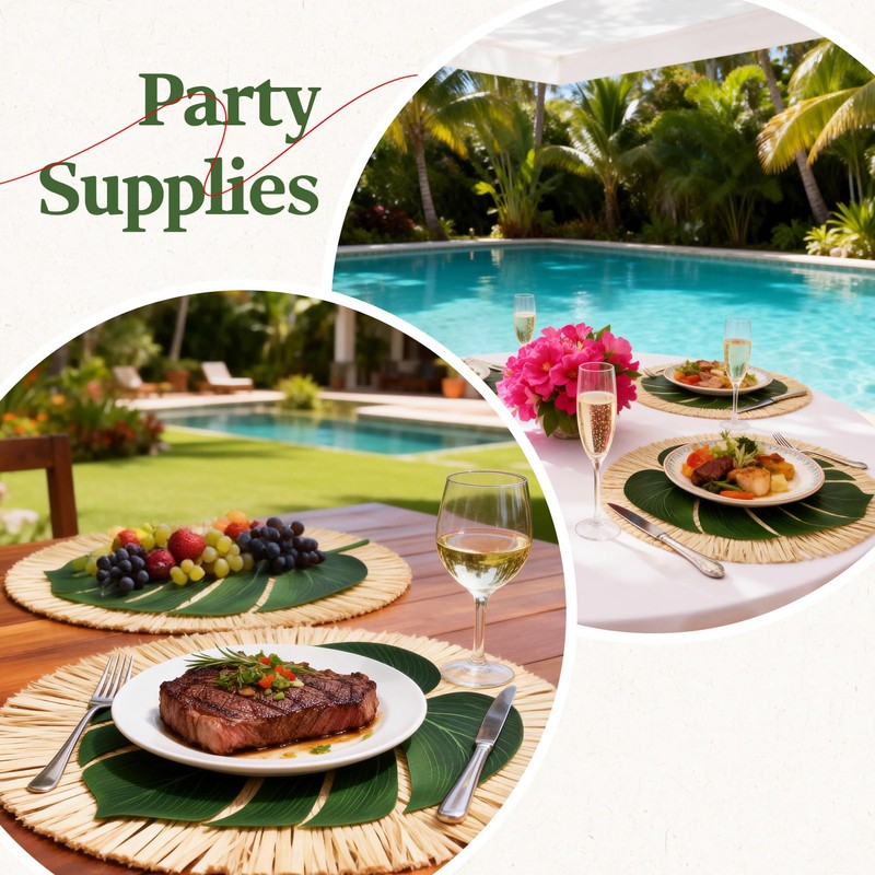 MehelloFeather 24Pcs Luau and Palm Placemats Raffia Grass Tropical Palm