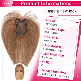Clip-In Fringe Hairpieces, Real Hair, 360° Coverage, Hair Toppers for Women, Thin Hair, 21 g, 11 Inches, #06 Light Brown