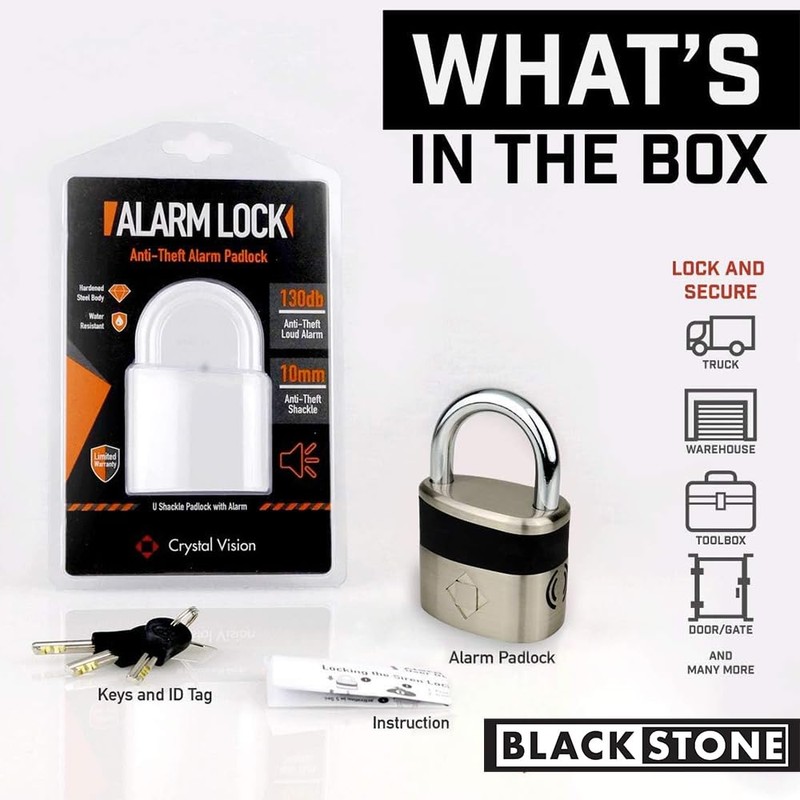 Blackstone Anti-Theft Loud 130db Alarm Padlock Weather Proof Heavy Duty