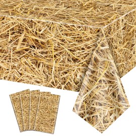 4Pcs Straw Tablecovers, Westtern Theme Birthday Tablecloths Plastic Farm Hay Table Cloths for Cowboy Western Party Supplies Farm, Hawaiian Luau, Hay Bales Party Decorations, 51x86 Inch