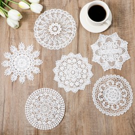 Lace Doilies for Tables, 6 Pcs 6 Inch Vintage Crochet Doilies Handmade Round Lace Placemats Rustic Table Decor for Kitchen Dining Room Dressers Wedding Birthday Party Decoration (White)