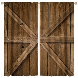 Rural Vintage Brown Wood Curtains, Rustic Farmhouse Countryside Barn Wooden Door, Blackout Thermal Insulation Rod Pocket Window Drapes for Living Room Bedroom Bathroom 42x45 Inch