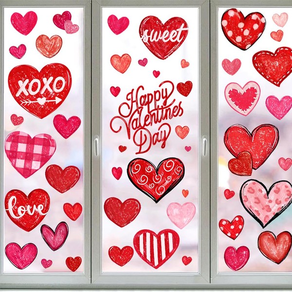 6 Sheets Valentines Window Clings Double-Sided Heart Window Stickers Red