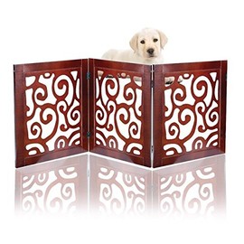 Safety Pet Gate for Dogs – Free-Standing & Foldable - Decorative Scroll Wooden Fence Barrier – Stairs & Doorways (Black)