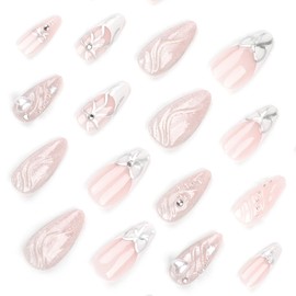 Press On Nails With Glue on 24PCS for Women and Girls, Stick on Nails，Almond Medium Shape Glue on Nails Fake False Nails, (White Love Bow, Almond)