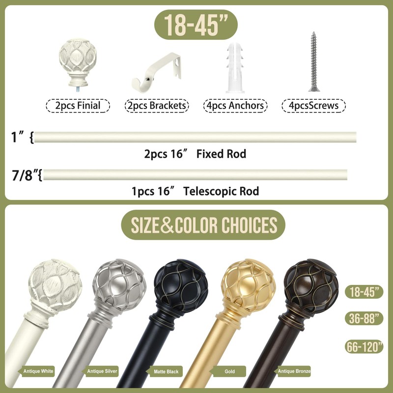 TANGWIN Antique White Curtain Rods for Windows 28 to 48